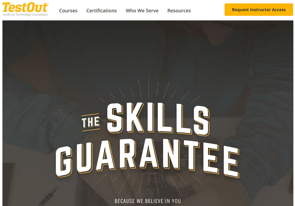 Skills Guarantee web page hero: "The Skills Guarantee: Because we believe in you" over a dark photo of hands working on a circuit board