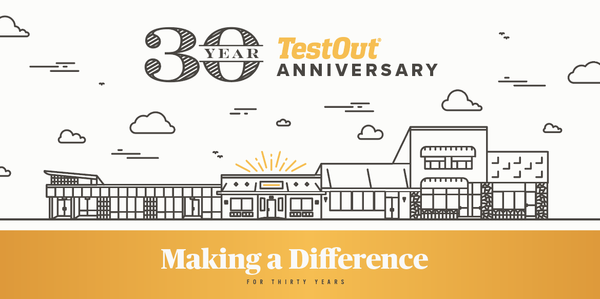 Line illustration of a Main Street storefront under "30 Year TestOut Anniversary," with a gold band reading "Making a Difference"