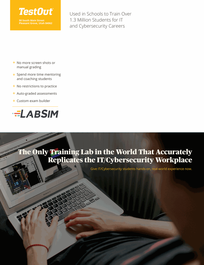 Direct mailer front listing LabSim benefits under the headline "The Only Training Lab in the World That Accurately Replicates the IT/Cybersecurity Workplace"
