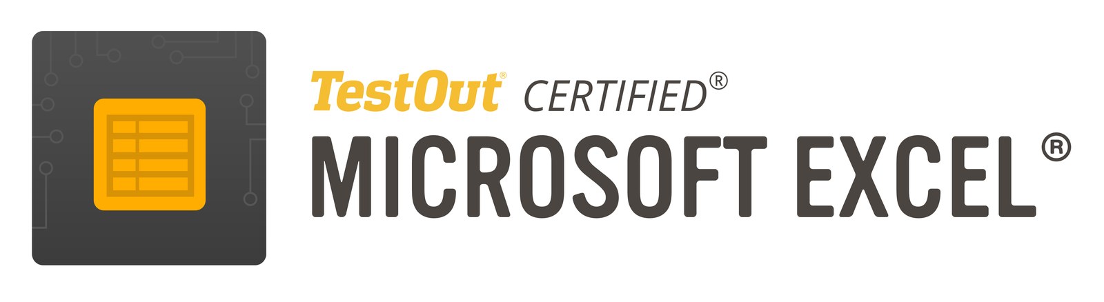 Product lockup: "TestOut Certified Microsoft Excel" beside a spreadsheet icon