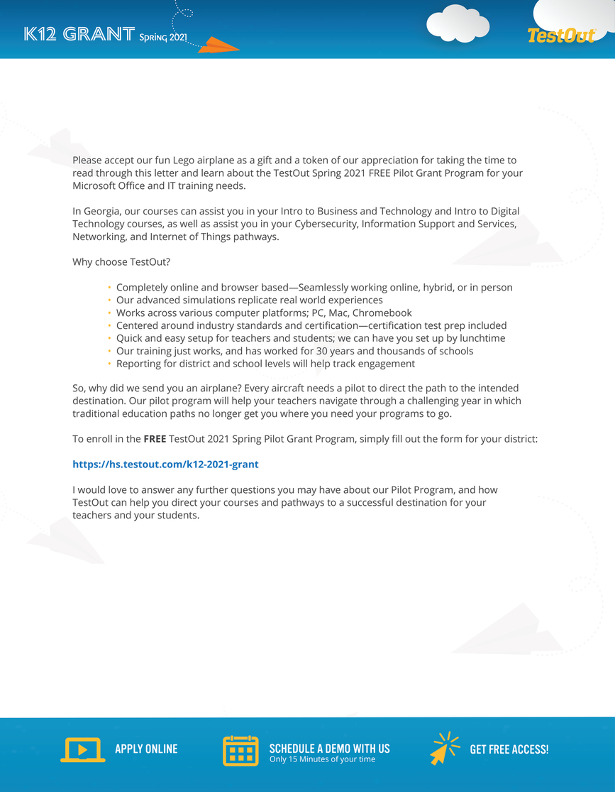 K-12 grant letter explaining the free pilot grant program and the gift Lego airplane, with Apply Online, Schedule a Demo and Get Free Access options